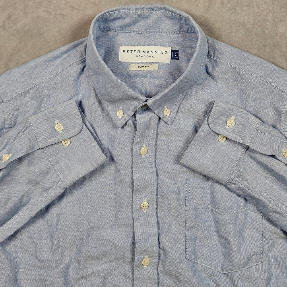 Peter Manning‎ Shirt Mens 4 Blue Slim Fit Button Down Oxford Cotton Pocket